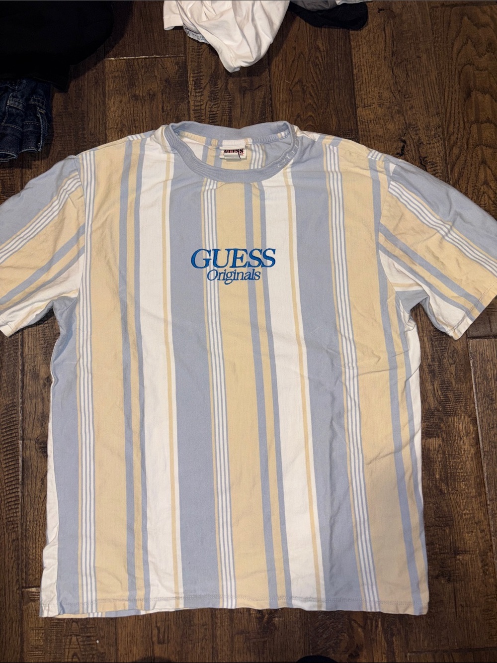GUESS Originals Men's Light Blue, Cream & White Striped Logo Tee